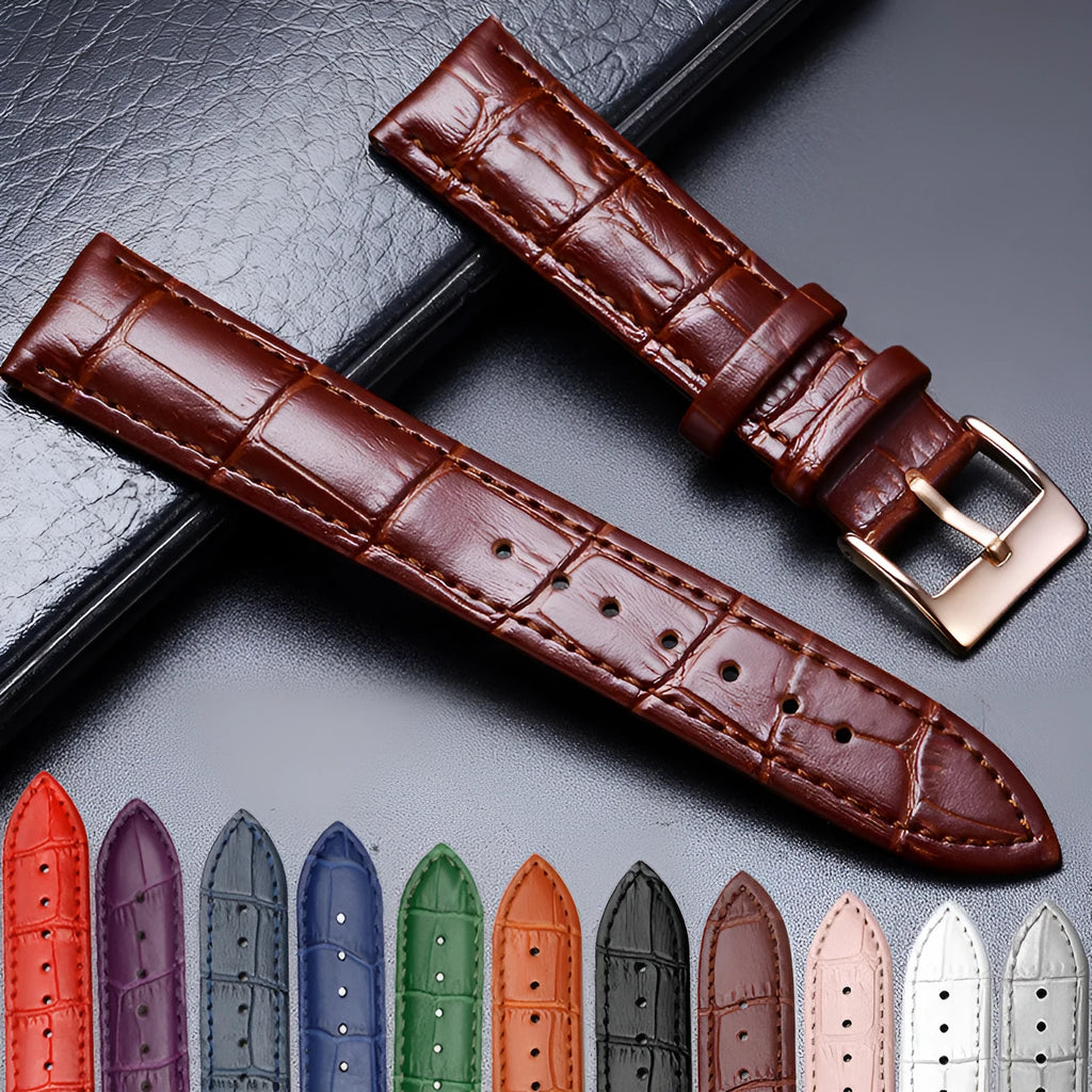 Blue genuine cowhide leather watch strap with stainless steel pin buckle, flat interface, size options 12mm to 24mm