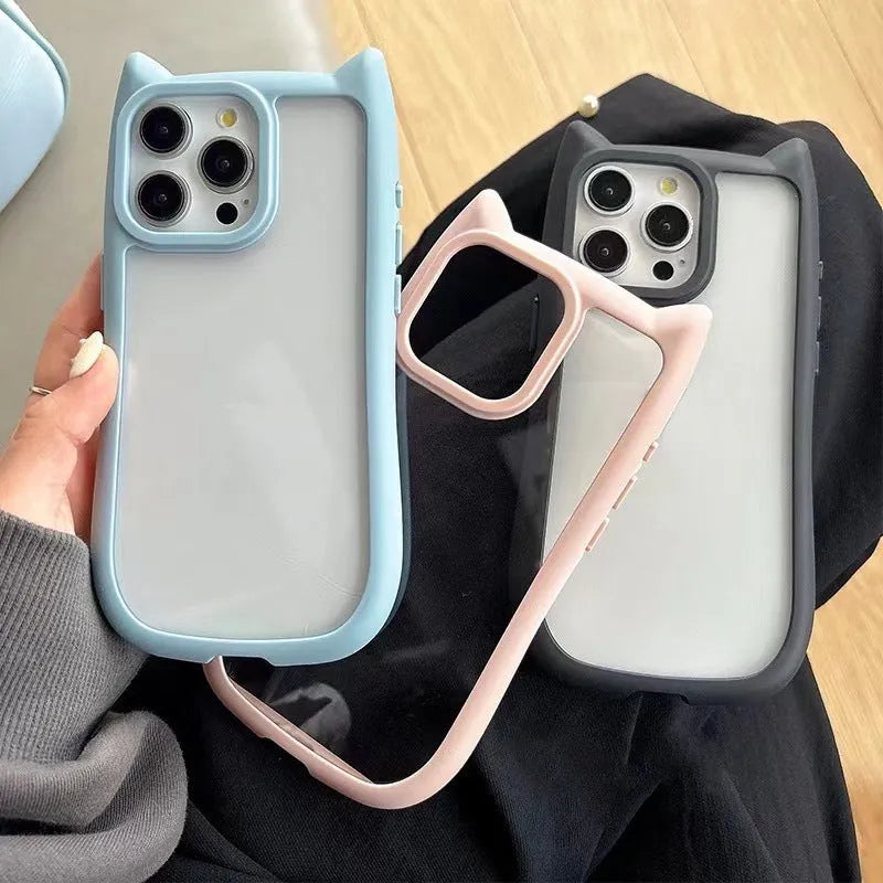 Pink PC cat ears phone case for iPhone showing shockproof design with heat dissipation