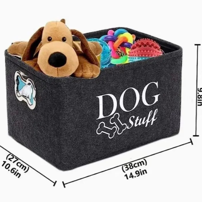 Dark grey felt storage box with metal handle for pet toys snacks sundries measuring 38x27x25 cm