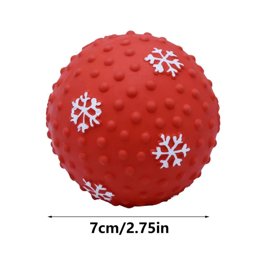 Red and green Christmas dog toy ball with snowflake pattern, approximately 7cm diameter
