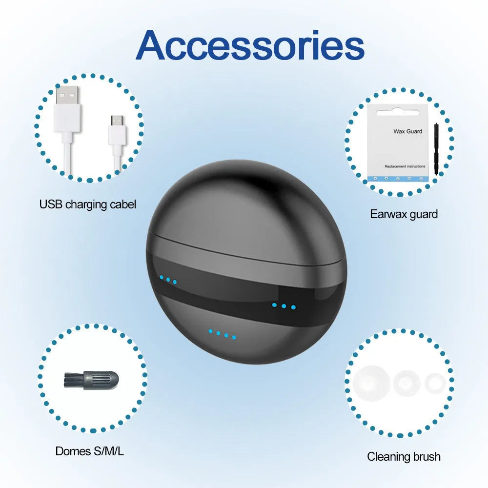 C700 digital in-ear hearing aid in red and blue with charging case and earplug accessories.