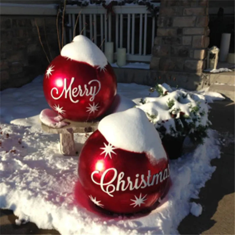 Large 60cm diameter inflatable PVC Christmas decoration ball in bright colours for outdoor use.