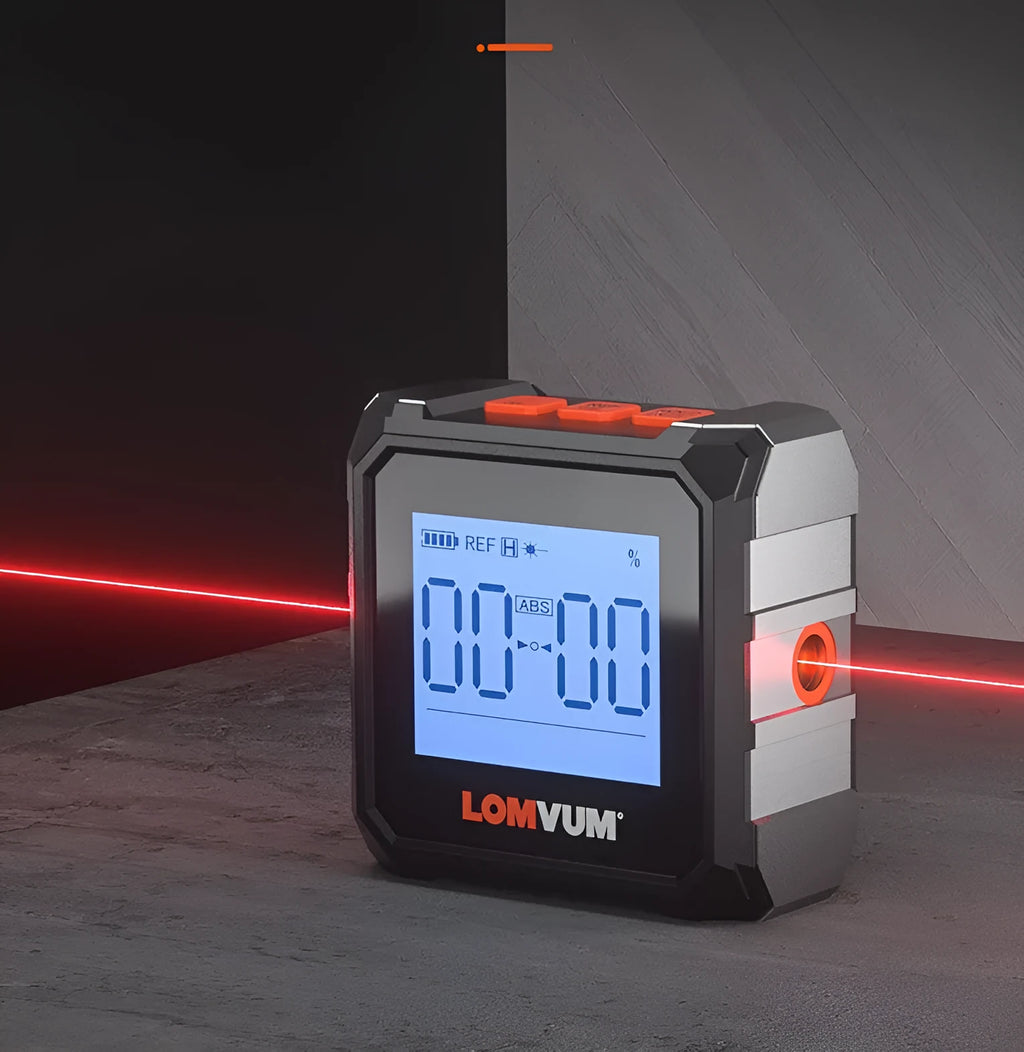 Longyun digital inclinometer with laser, showing backlit display and magnetic strips on alloy casing.