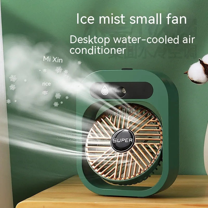 Green and white USB rechargeable misting fan air cooler with humidifier function
