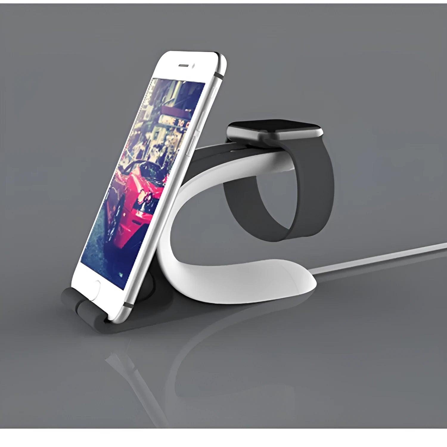 Grey desktop charging stand holding Apple iPhone and Apple Watch for simultaneous charging