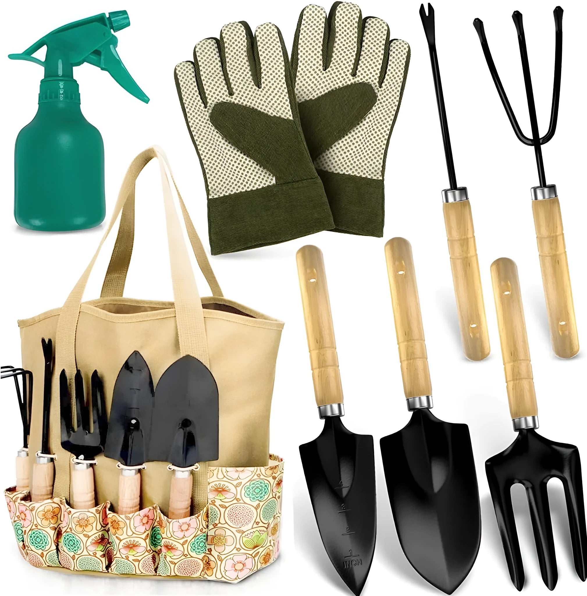 8-piece stainless steel gardening tools set including various garden implements for planting and maintenance