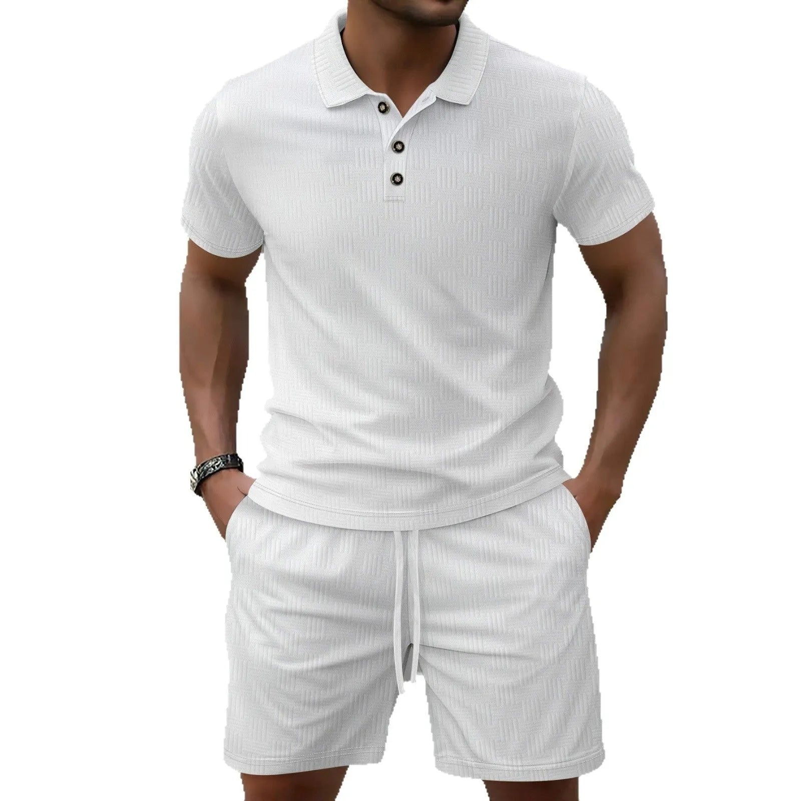 Men's light grey short sleeve Jacquard suit with matching casual shorts on a hanger