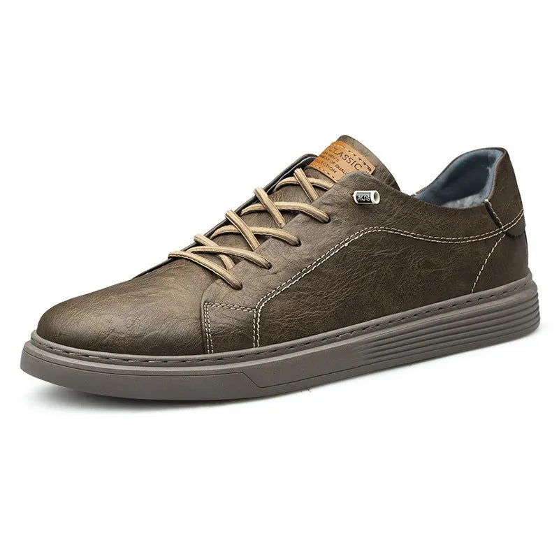 Two-layer cowhide casual sneakers low-top men's shoes round toe front lace-up solid colour khaki