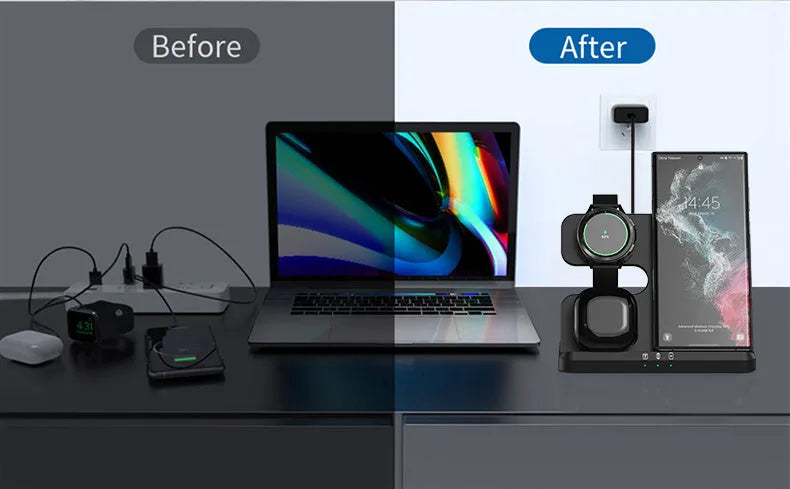 A vertical 3-in-1 wireless charging stand holding a mobile phone, a smartwatch, and headphones on a desk.