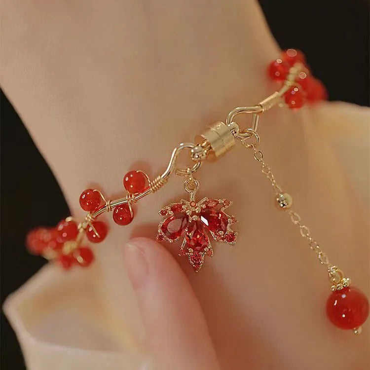 Red ginkgo leaf magnetic alloy bracelet with electroplated finish and leaf links