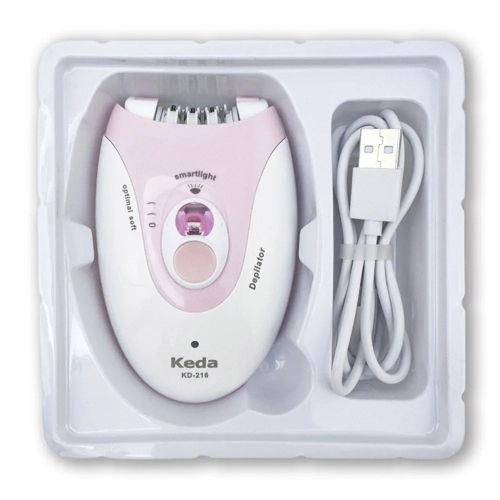 KEDA-216 coloured portable electric epilator with USB charger and cleaning brush on white background