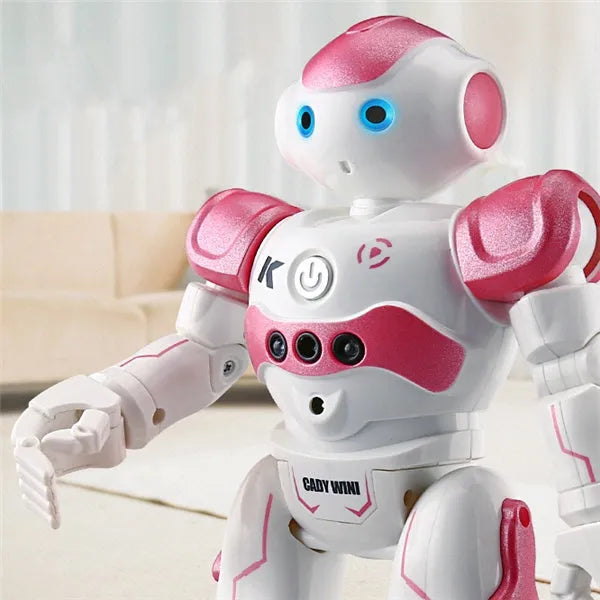 Blue remote control smart robot toy with gesture sensing and dance functions on a white background