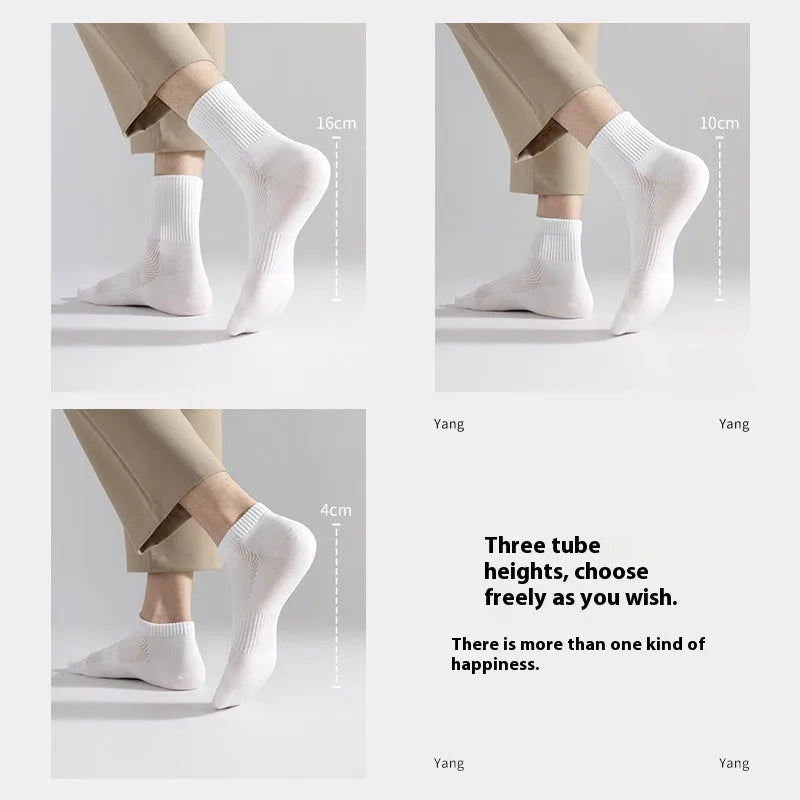Men's thin mesh breathable white cotton socks with antibacterial middle calf length one size