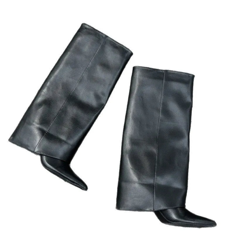 Children's pointed toe wedge heel boots in solid colour microfiber, available in black and brown