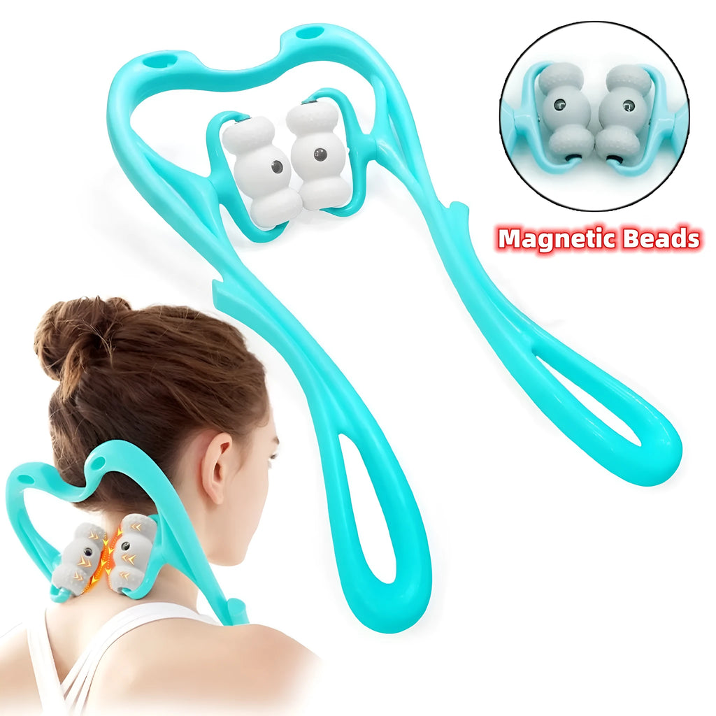 Blue handheld neck massager roller with 96 pressure points showing ergonomic curved design.