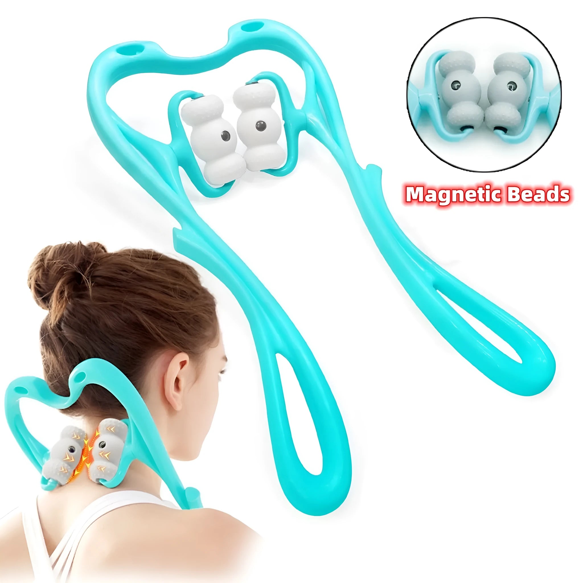 Blue handheld neck massager roller with 96 pressure points showing ergonomic curved design.