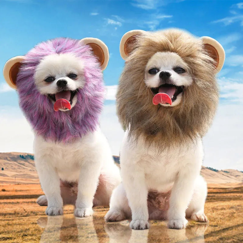 Acrylic lion mane pet hat in brown with three-colour hair styling, designed for cats and small dogs, size S