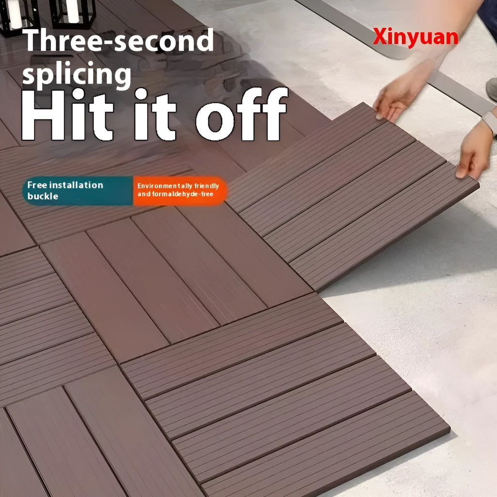 Plastic interlocking floor tiles in wood grain pattern, showing brown and grey colour options.