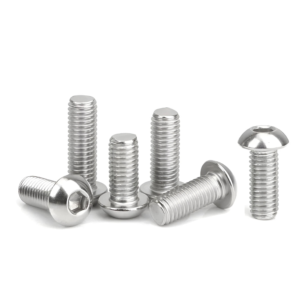 Stainless steel half round head pan head screw with hex socket drive, shown with a scale indicating 16mm head diameter.