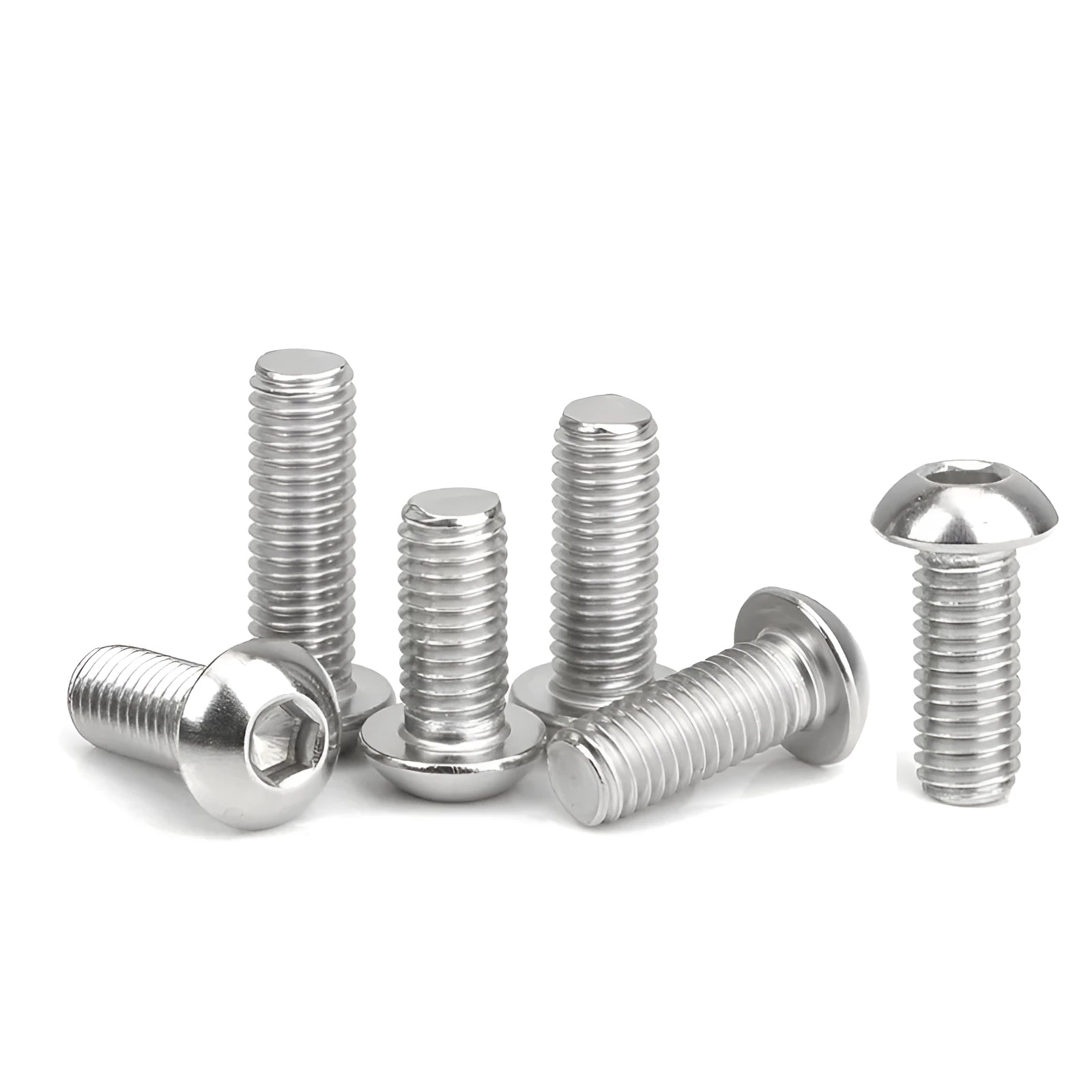 Stainless steel half round head pan head screw with hex socket drive, shown with a scale indicating 16mm head diameter.