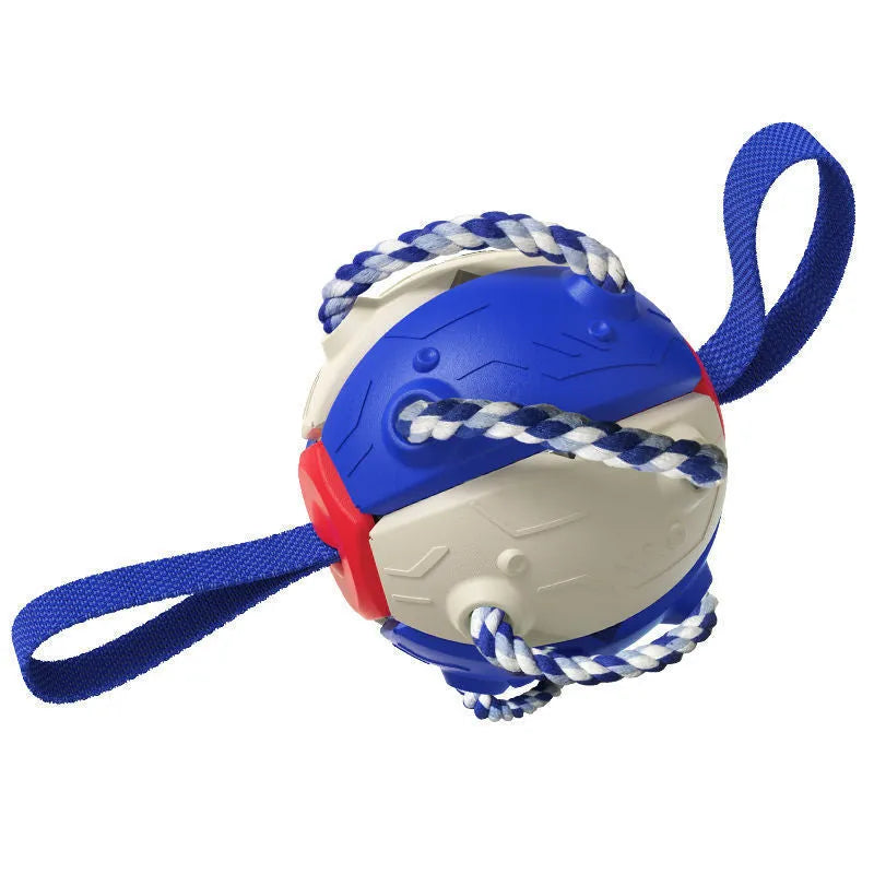 Interactive dog football soccer ball with tabs, flattened into frisbee shape, with woven nylon rope and cotton chewing rope, on grass.