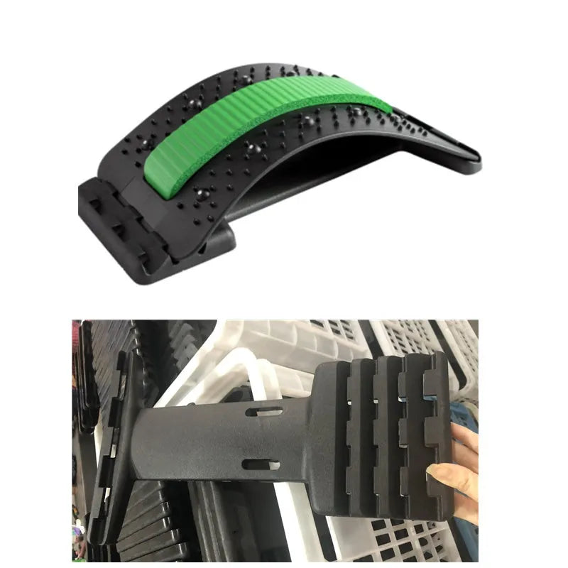 Adjustable manual back stretcher massager with multiple massage heads in a rectangular trapezoid shape.