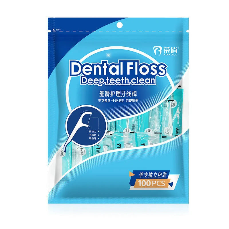 Disposable dental floss packs showing independent wrappers and bulk bag options
