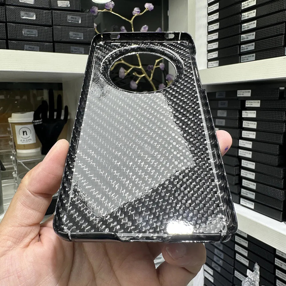 Carbon fibre phone shell for Huawei Mate60 Pro with forged pattern in black, heat dissipation hard case