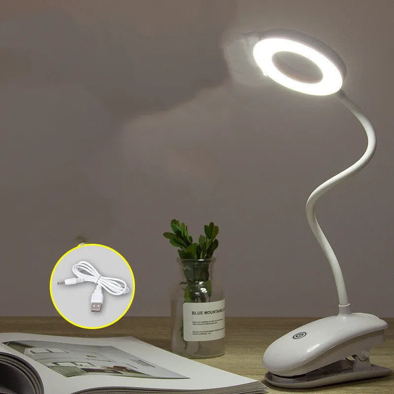 Clip-on rechargeable desk lamp with touch controls showing modern minimalist design