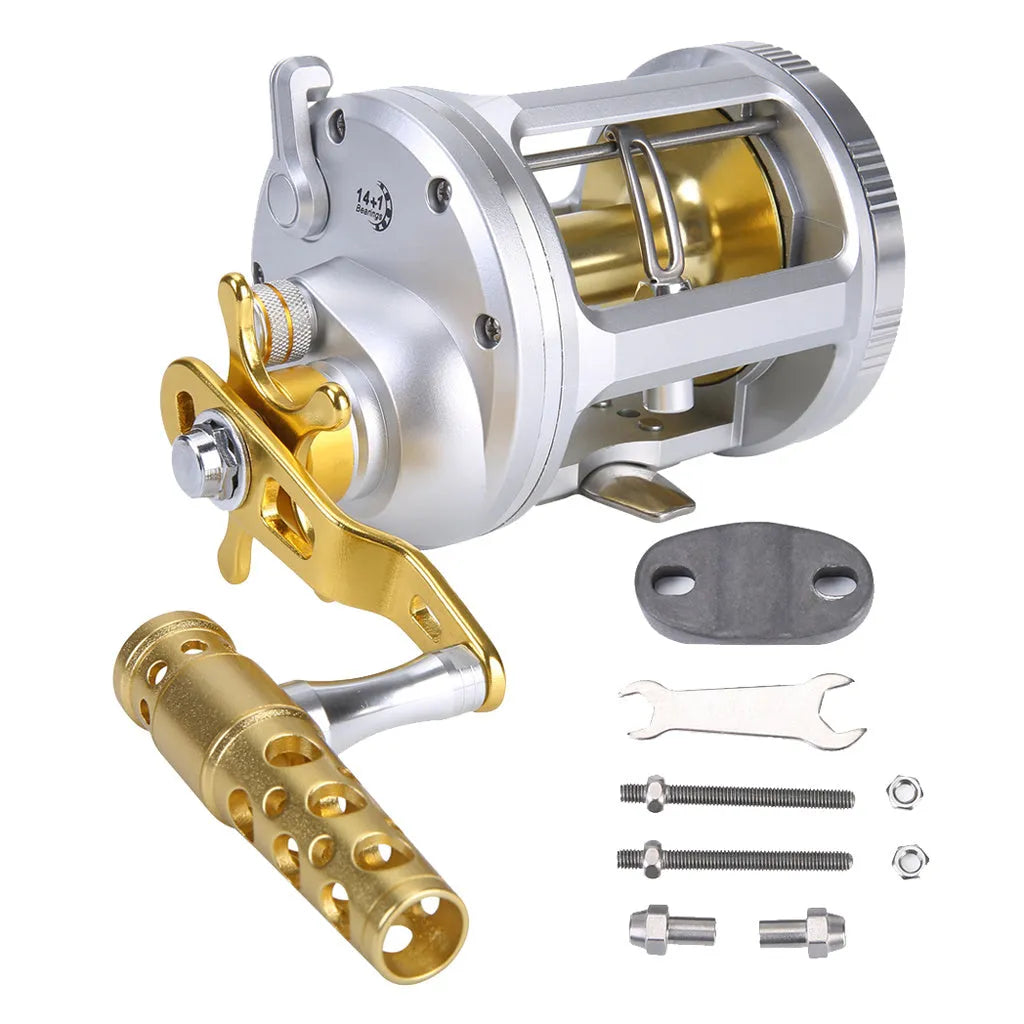 Silver metal sea fishing drum reel with CNC machined body, brass gears, star drag button, and large line spool