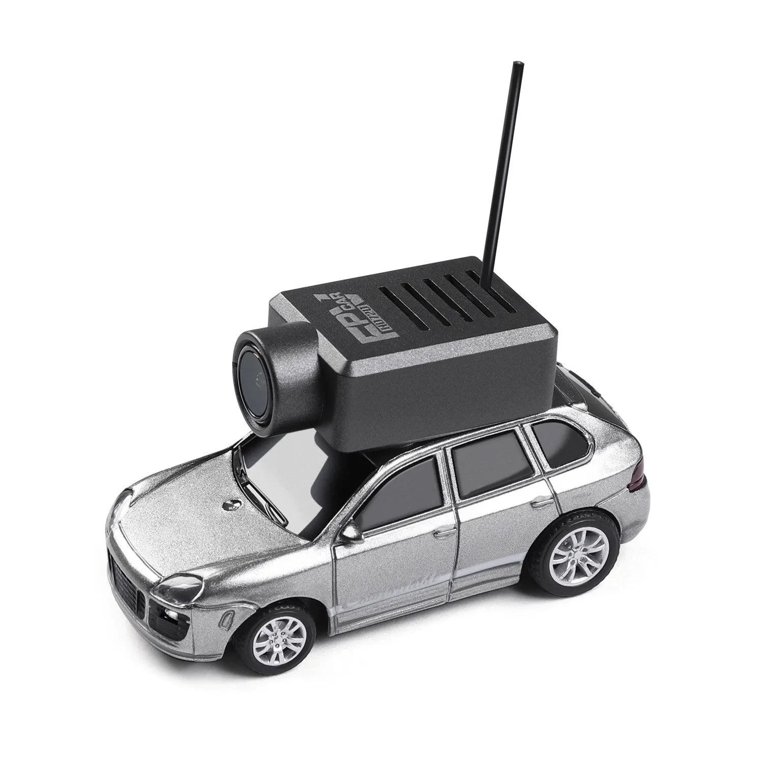 Mini remote control car with alloy body, FPV camera, and blue ambient lighting on a white background