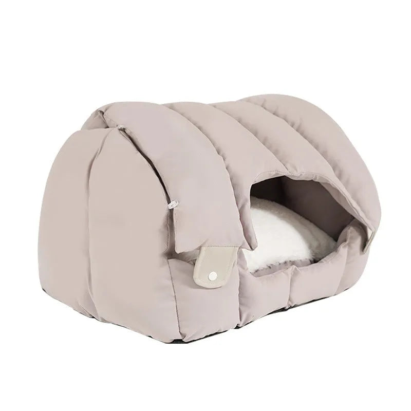 Grey arched cat nest functioning as enclosed pet bed and open sofa for cats and small dogs