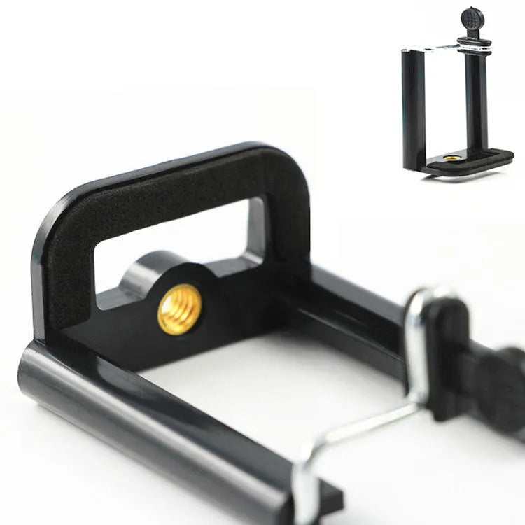 Black plastic U-clip mobile phone holder for mounting on tubes and pipes.