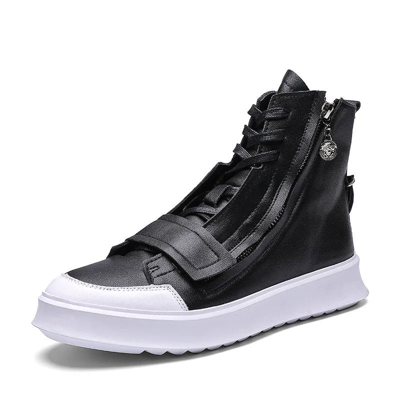 Men's black PU leather high-top ankle boot on a white background, showing sneaker-style design.