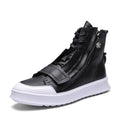 Men's black PU leather high-top ankle boot on a white background, showing sneaker-style design.