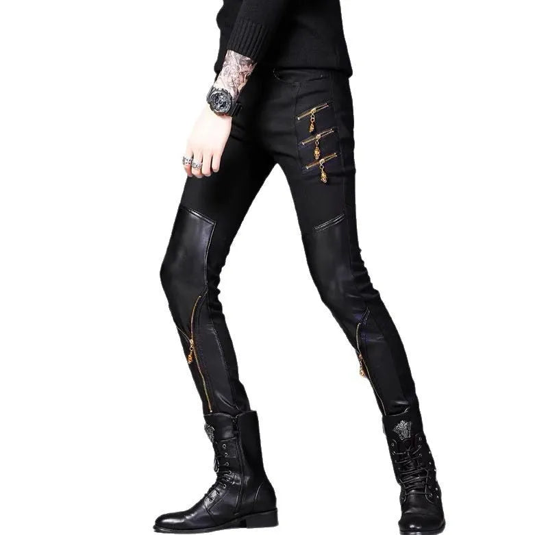 Slim-fit black synthetic leather straight-leg trousers with mid-waist and button fly for youth
