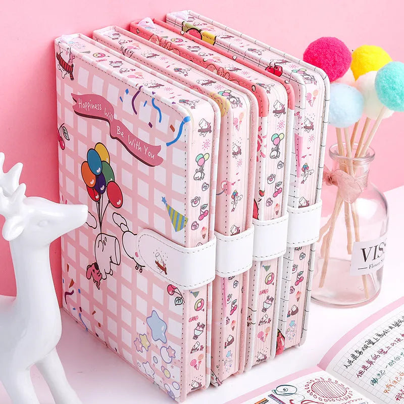 Small white Kaba Bear notebook with magnetic buckle and cute heart design on PU cover.