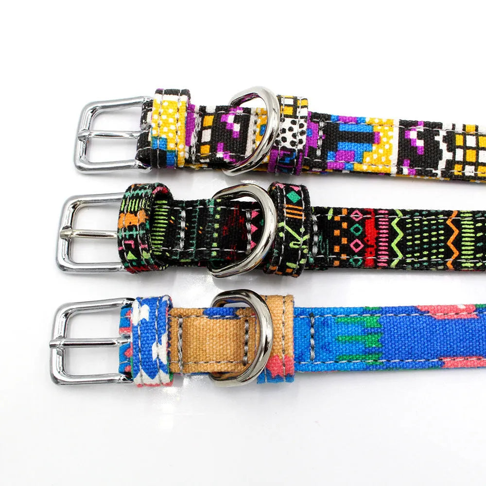Double layer canvas dog collar with light-reflecting fabric, colourful design, sizes XS to L