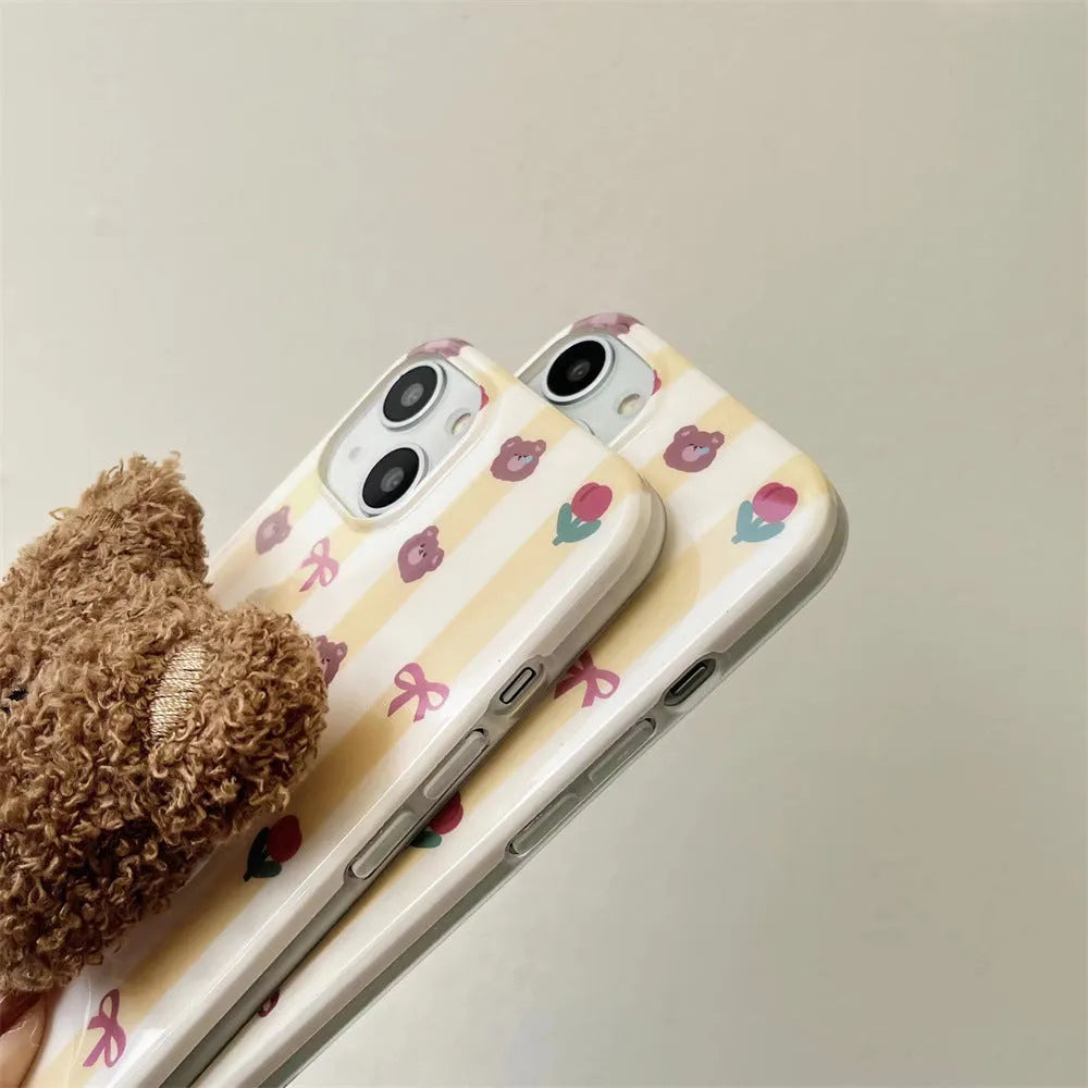 Yellow Striped Bear cartoon TPU phone case for iPhone, soft protective shell with optional stand