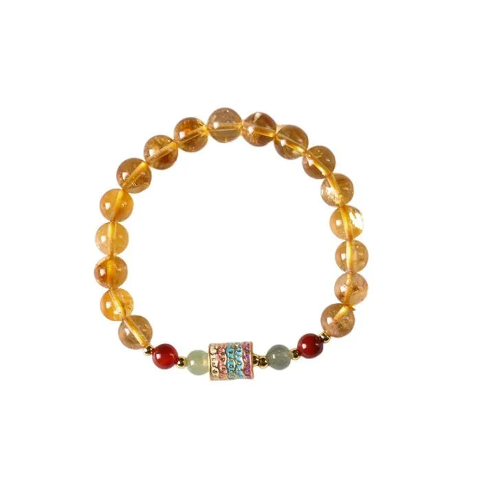 Yellow citrine bracelet with 8mm prayer wheel charm and round beads, retro women's jewellery.