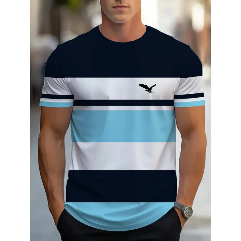 Men's loose short-sleeve T-shirt with digital 3D printed stripe pattern on polyester fabric.