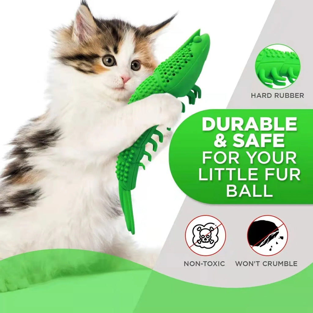 Blue catnip dental chew toy with rubber bristles for teeth cleaning