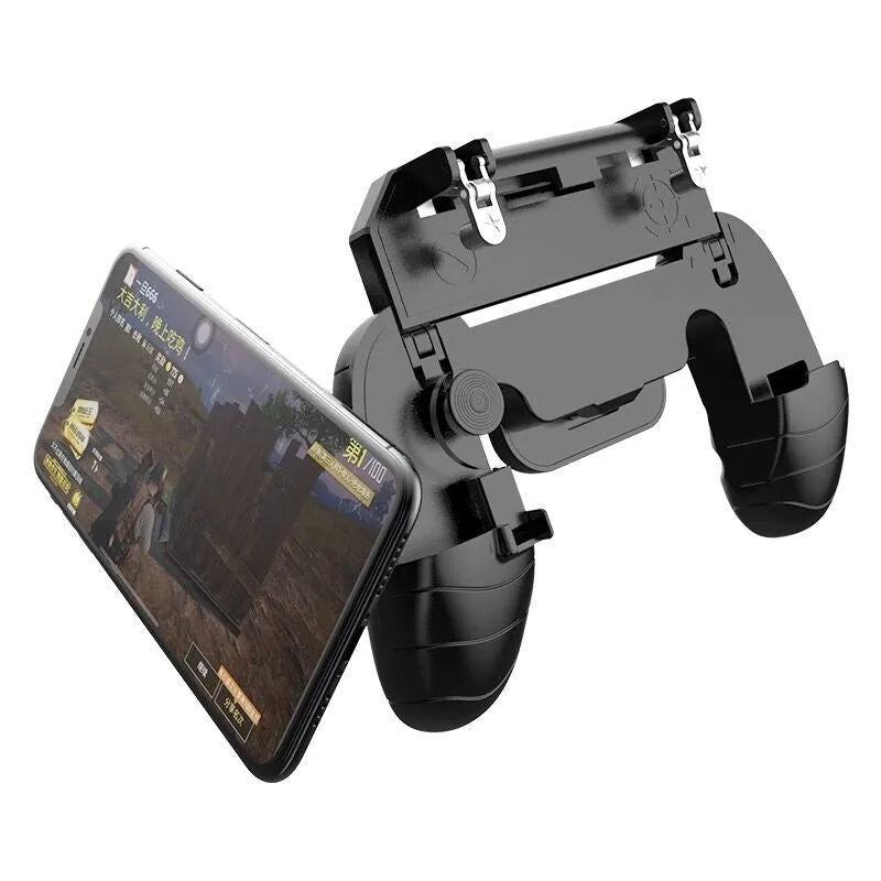 Multifunctional mobile game handle with magnetic wireless charging stand and adjustable phone bracket in black, blue, or white.