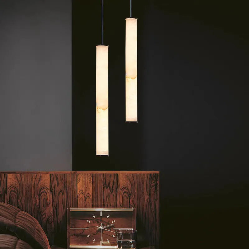 Nordic marble small droplight pendant with warm light, 40cm drop, over a dining table
