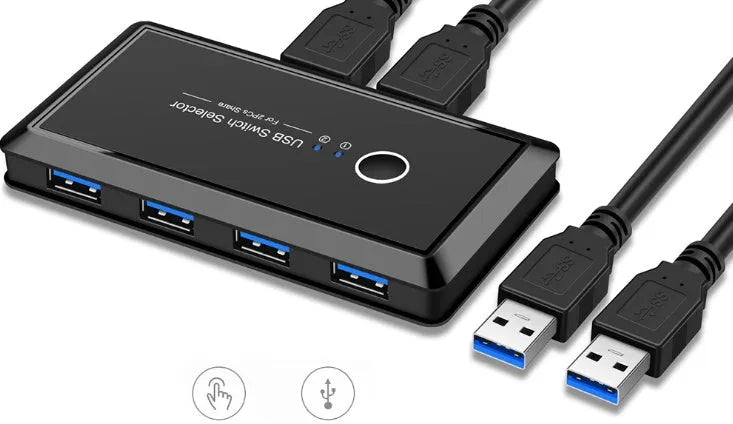 Black USB 2-in-4-out splitter with blue indicator light and button switch