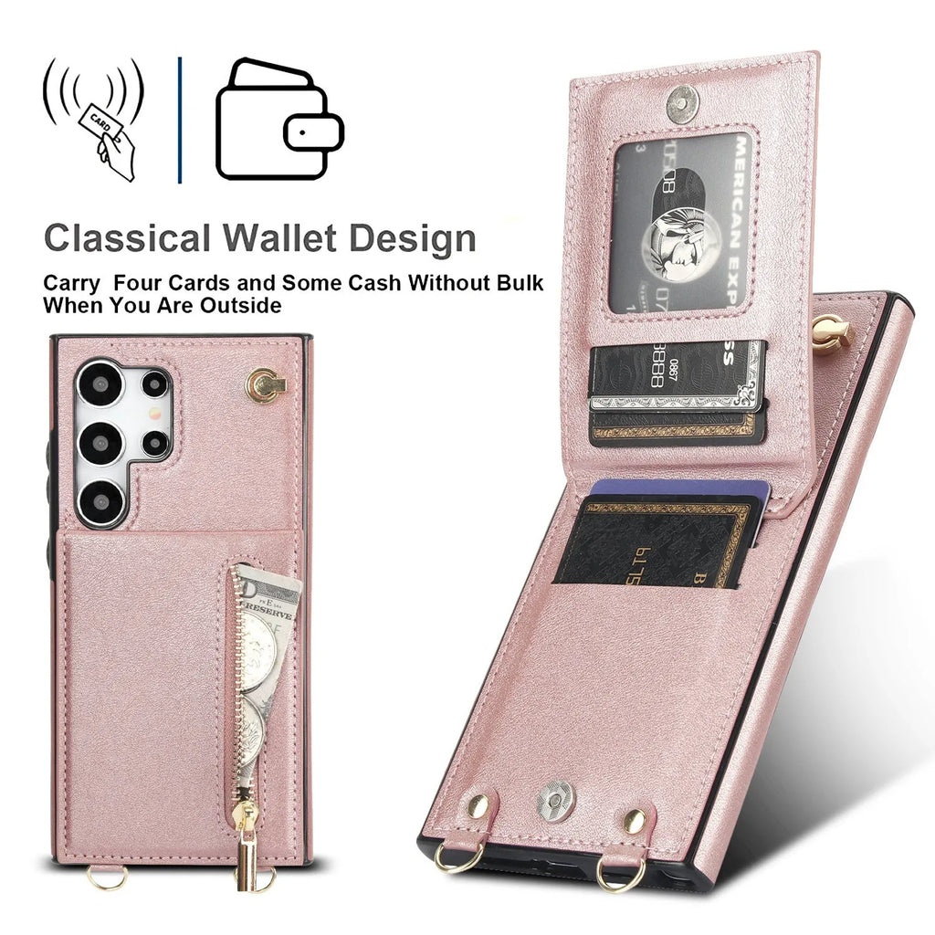 Samsung phone case with card holder slot, kickstand bracket, and crossbody zipper in black PU leather.
