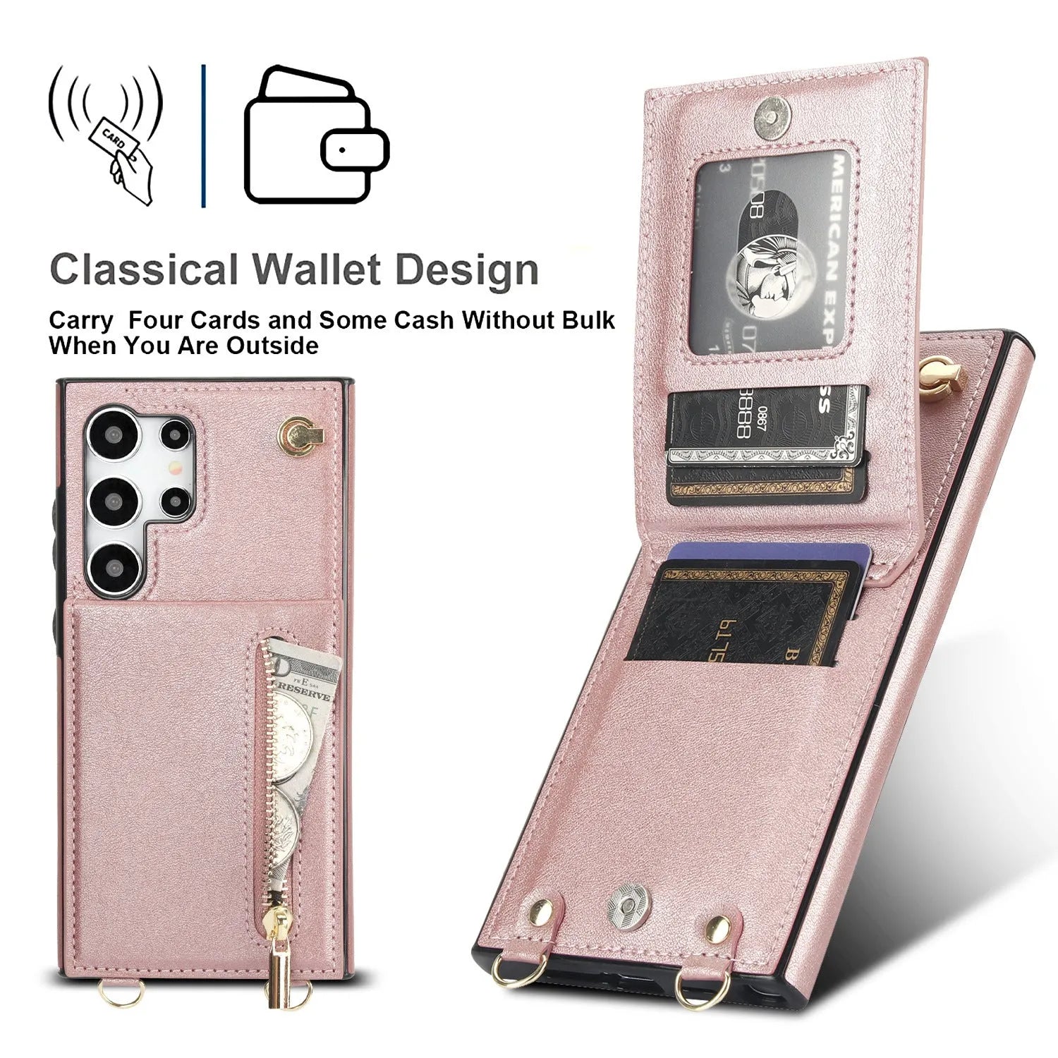 Samsung phone case with card holder slot, kickstand bracket, and crossbody zipper in black PU leather.