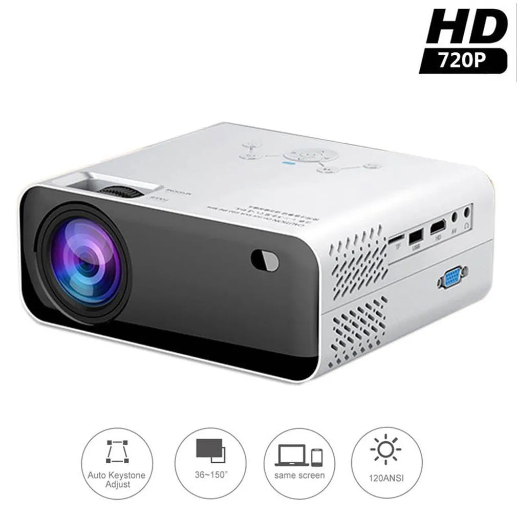 White LCD home office projector with manual focus and keystone correction on a desk