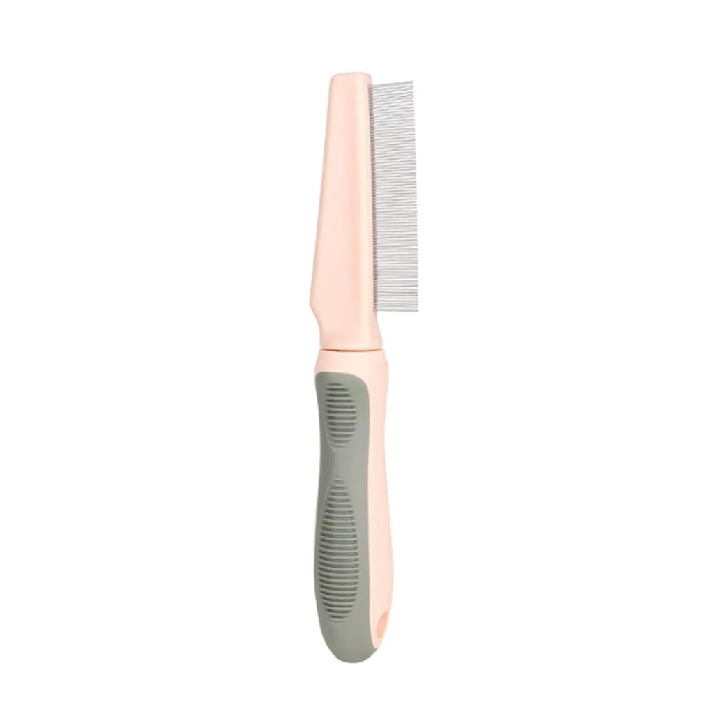 Pet grooming comb set showing three comb types with dense, high/low, and sparse needles on rubber handles