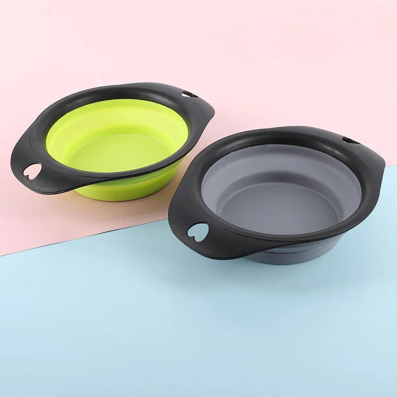 Silicone folding pet bowl in collapsed and open state for outdoor use, available in black and green